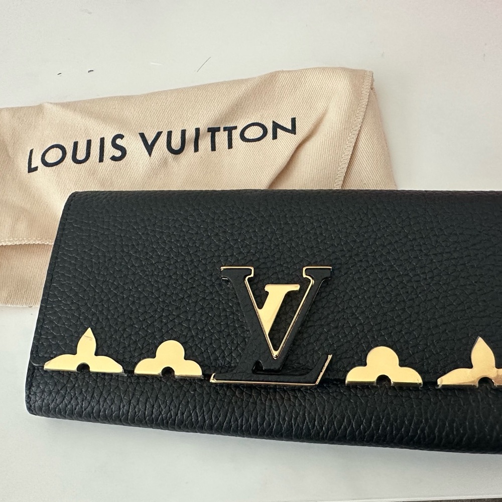 Louis Vuitton Black and Gold Wallet with Iconic V Emblem